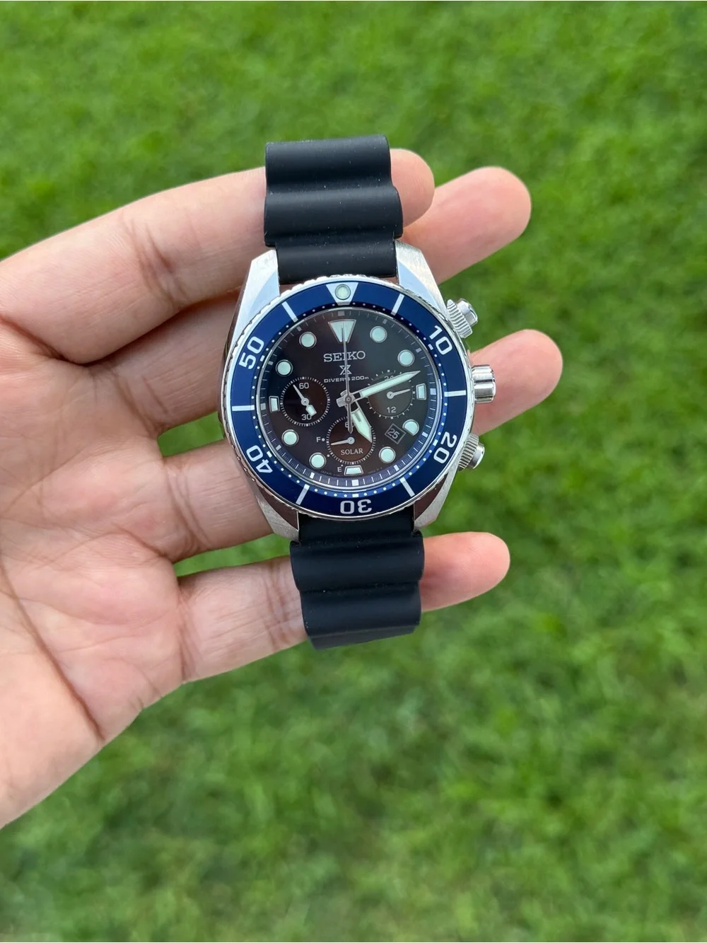 Seiko prospex solar Blue Bezel Black Strap Men's Diver Chronograph Japan Watch